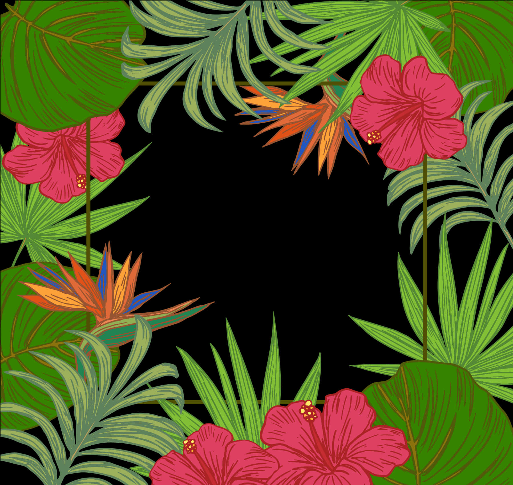 A Frame Of Tropical Leaves And Flowers