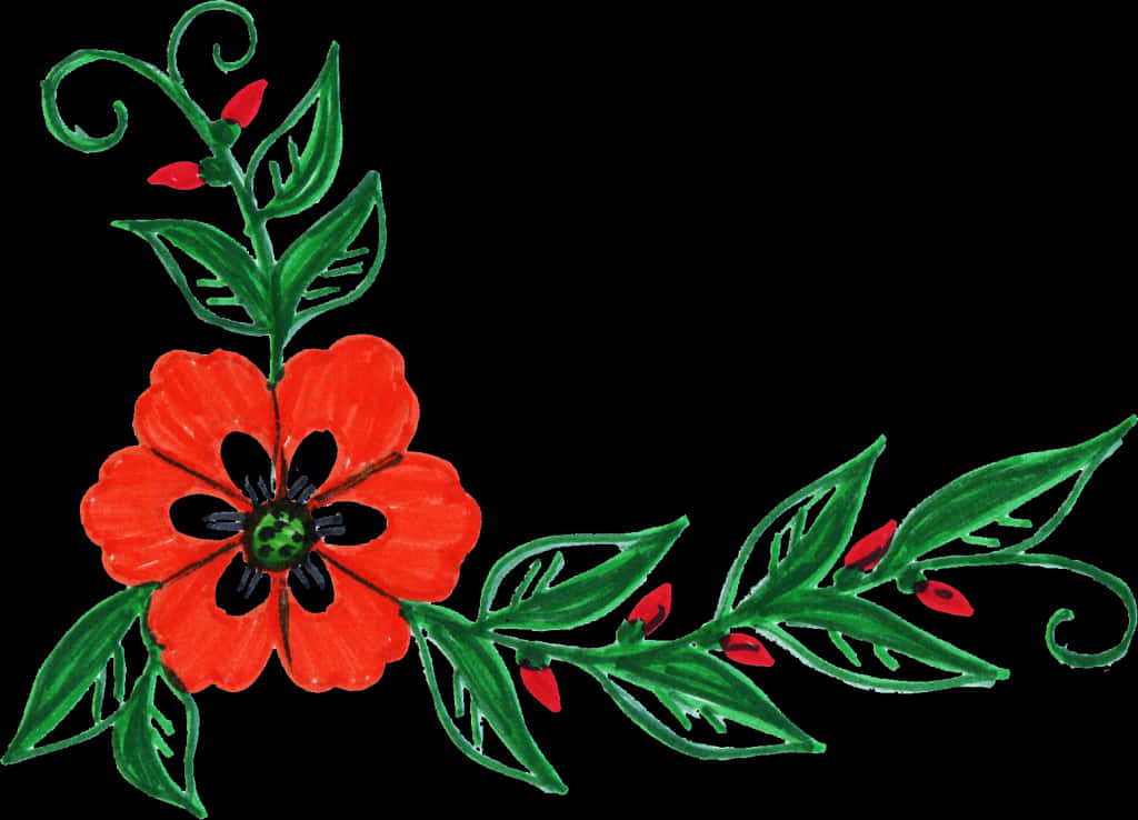 Leaves Border With Red Flowers Design