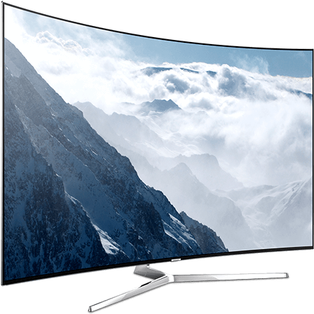 A Curved Tv With Mountains And Clouds
