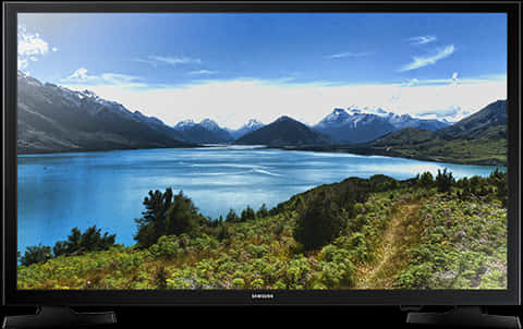 A Television Screen With A Lake And Mountains