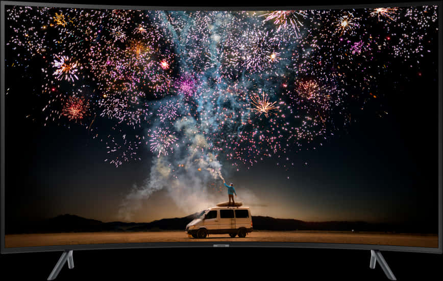 A Person Standing On Top Of A Van With Fireworks In The Sky