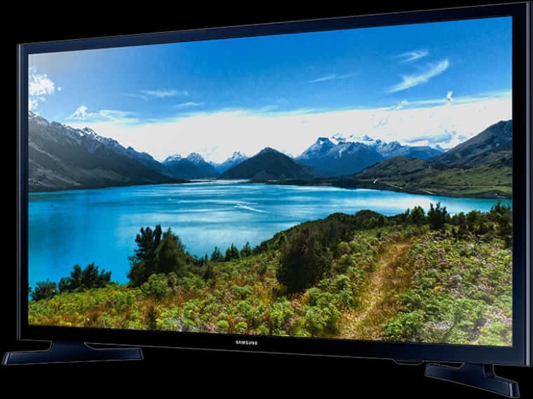 A Television Screen With A Lake And Mountains
