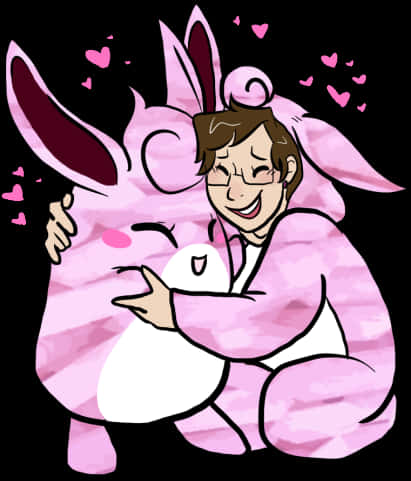 A Cartoon Of A Man Hugging A Pink Bunny