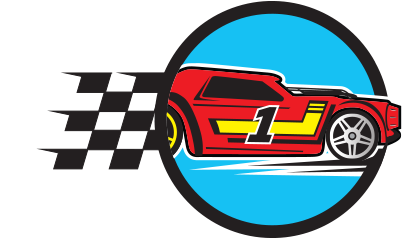 A Red Car With Yellow And Black Stripes And A Checkered Flag