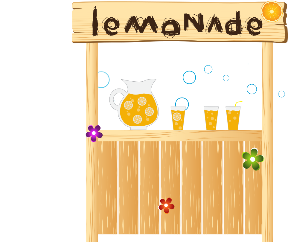A Wooden Stand With A Pitcher And Glasses Of Lemonade