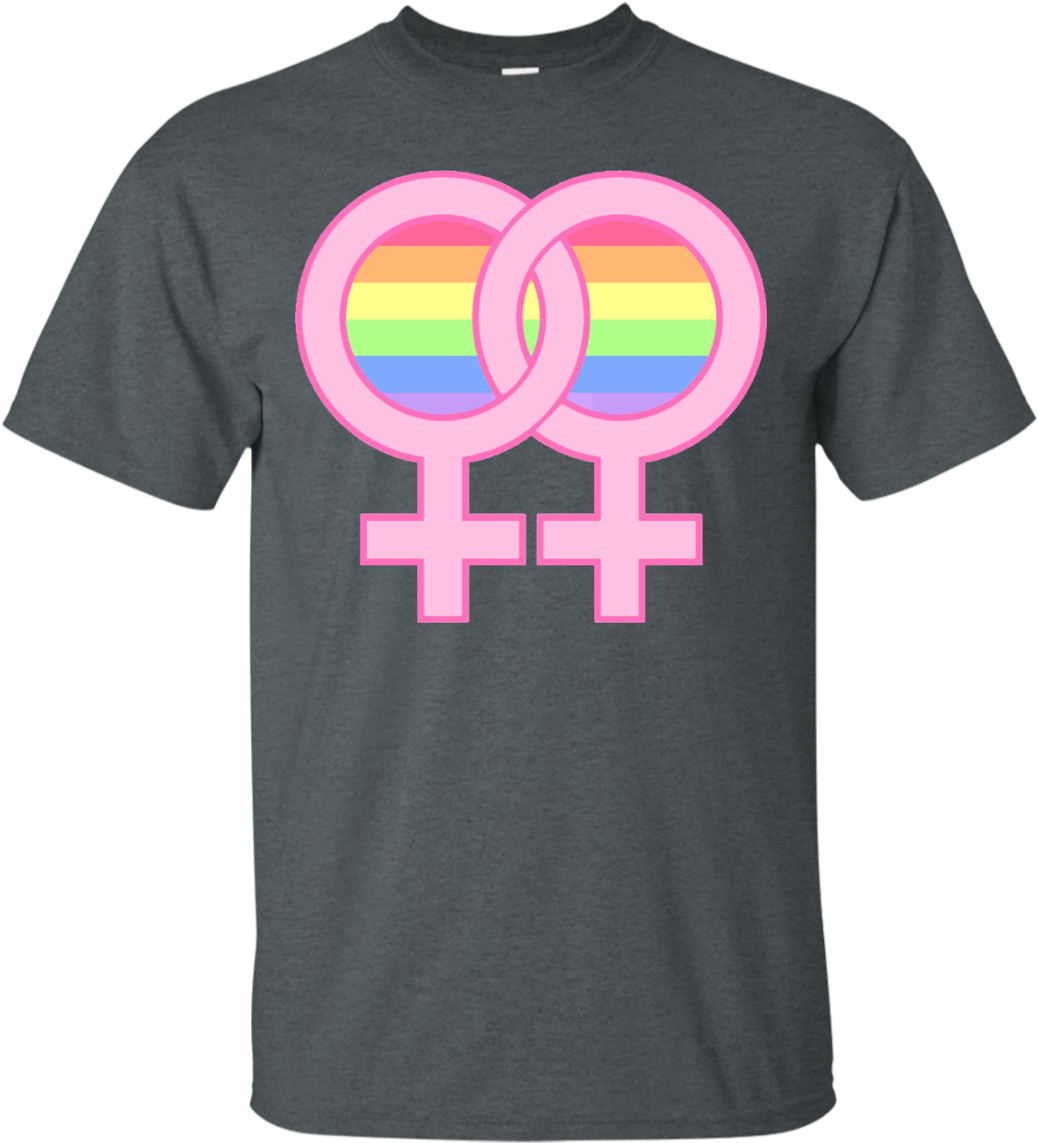 A Grey T-shirt With A Couple Of Pink And Rainbow Symbols