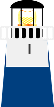 A White And Blue Lighthouse With A Black Text