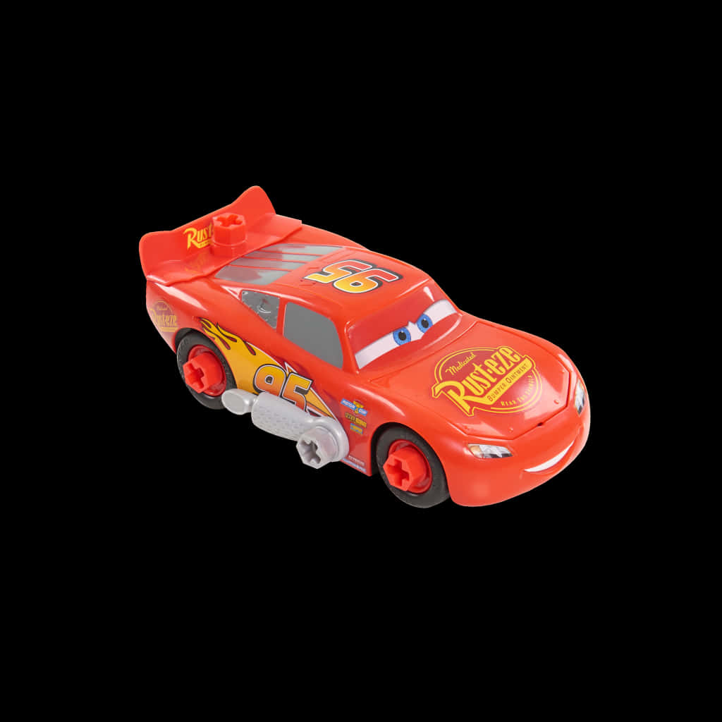 A Red Toy Car With Yellow And Red Text