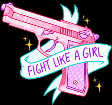 A Pink Gun With A White Ribbon And Text