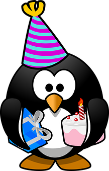 A Cartoon Penguin Holding A Gift And A Cake