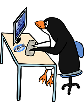 A Cartoon Of A Penguin Working On A Computer
