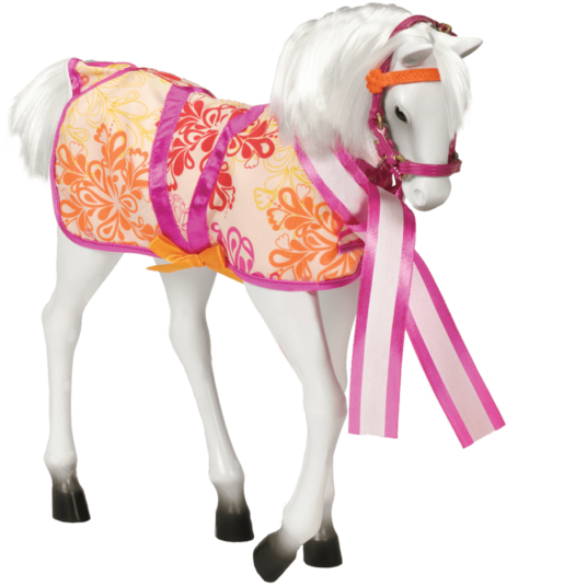 A Toy Horse With A Pink And Orange Blanket