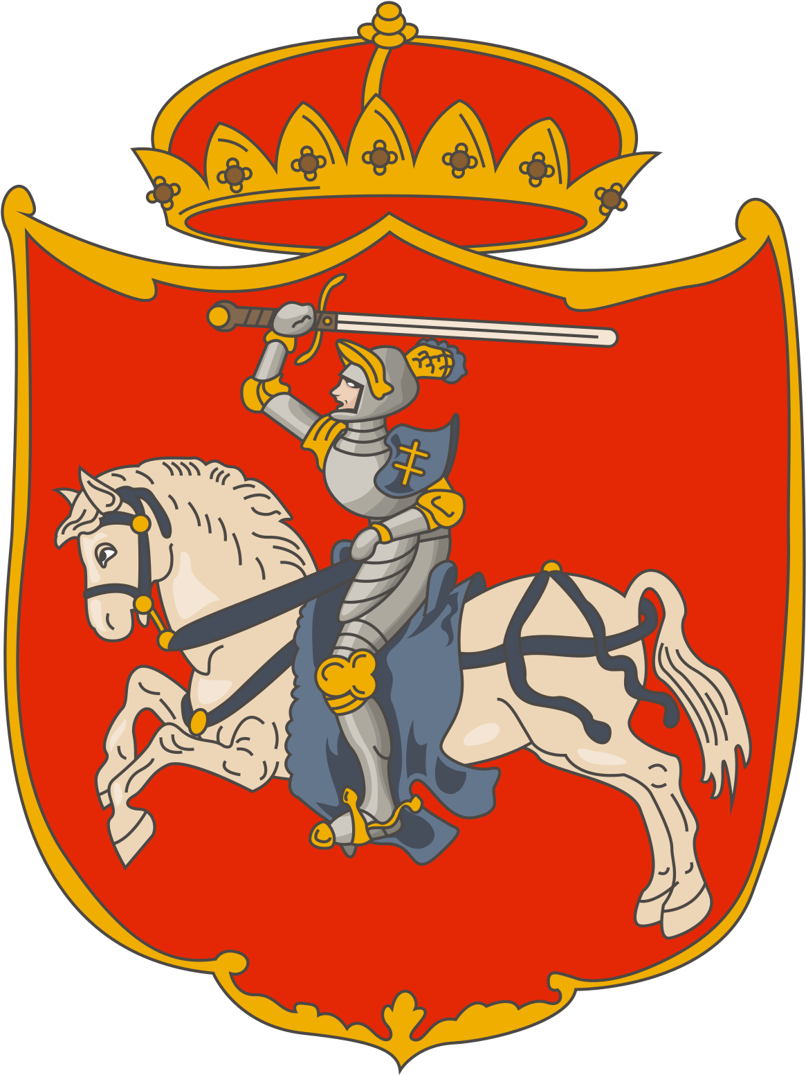 A Red Shield With A Knight On A Horse And A Crown