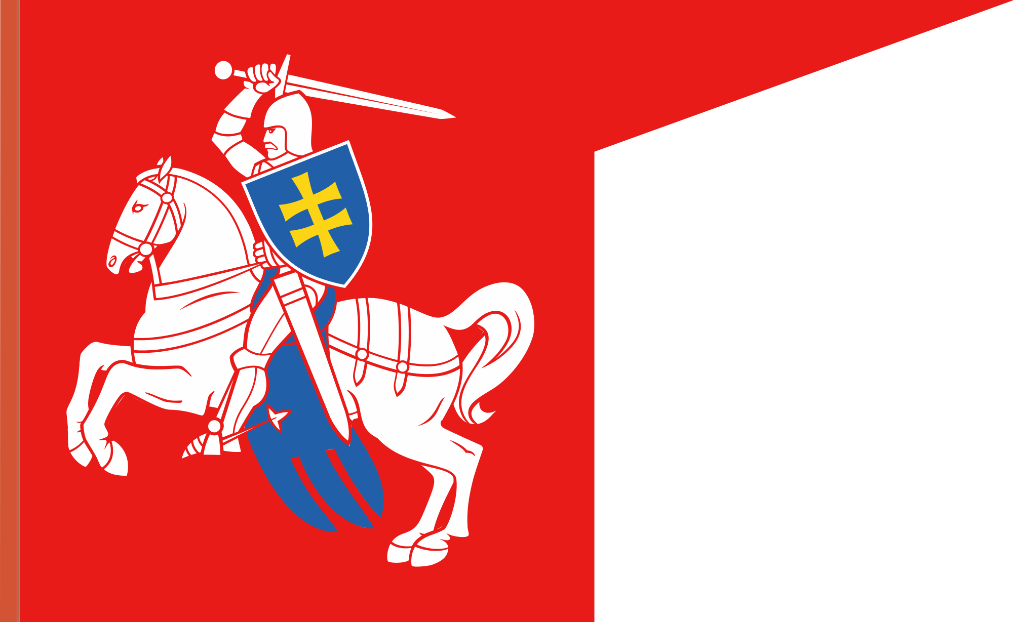 A Red And White Flag With A Knight Holding A Sword And A Shield