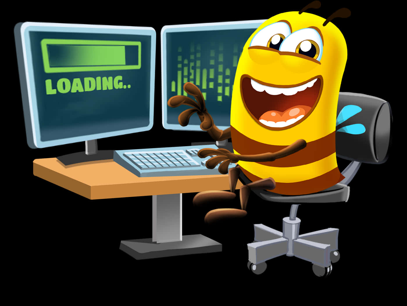 A Cartoon Bee Sitting At A Computer Desk