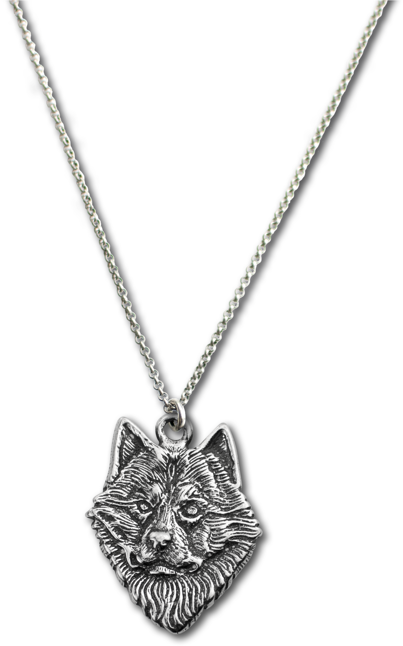 A Silver Necklace With A Wolf Head Pendant