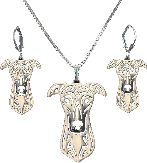 A Silver Necklace And Earrings With A Dog Head