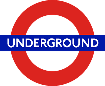A Red Circle With White Text With London Underground In The Background