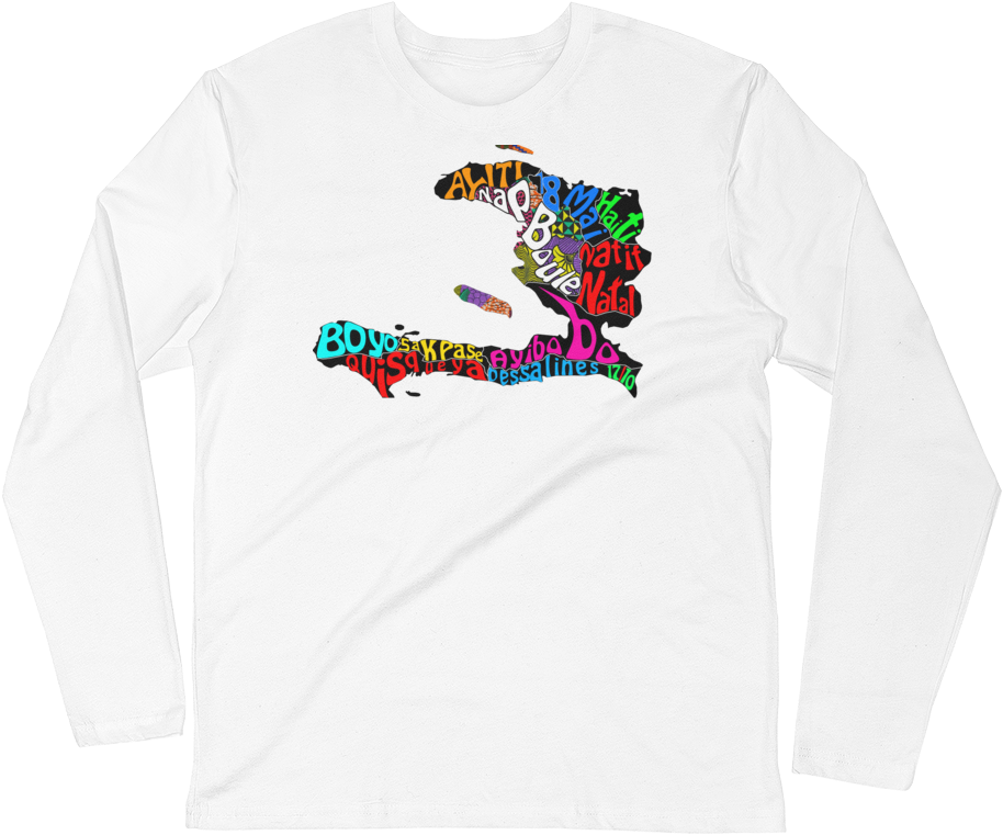 A White Long Sleeved Shirt With Colorful Text On It