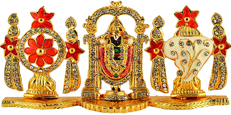 A Gold Statue With Diamonds And Gems With Venkateswara Temple, Tirumala In The Background