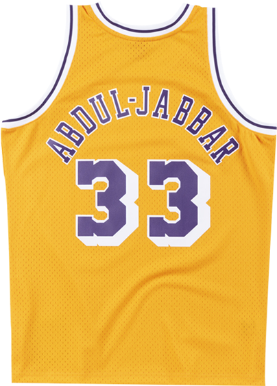 A Yellow Basketball Jersey With Purple Letters And Numbers