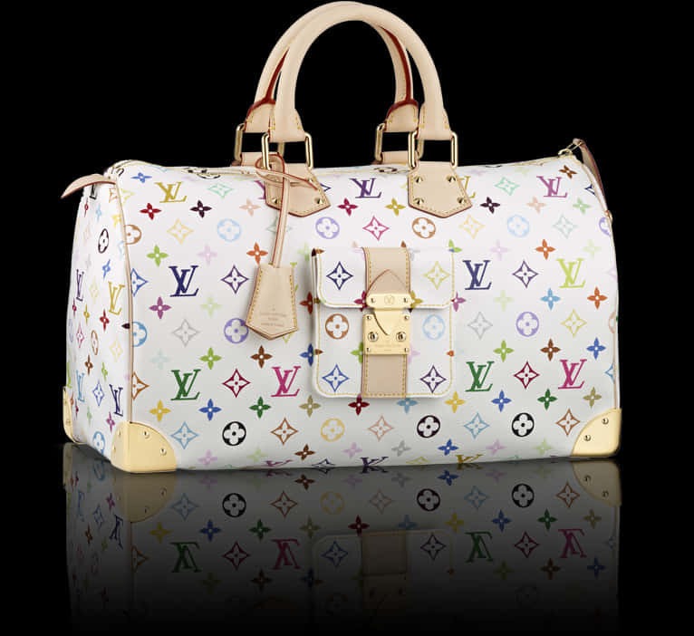 A White Louis Vuitton Bag With Multicolored Logo On It