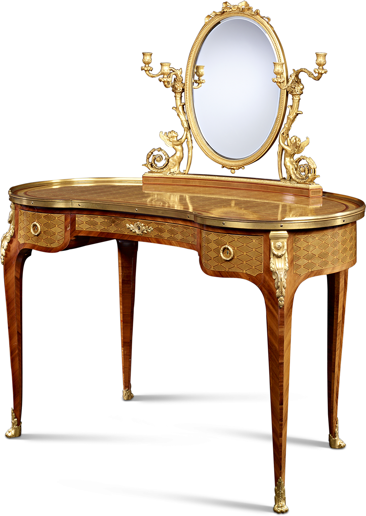 A Gold And Wood Vanity With A Mirror