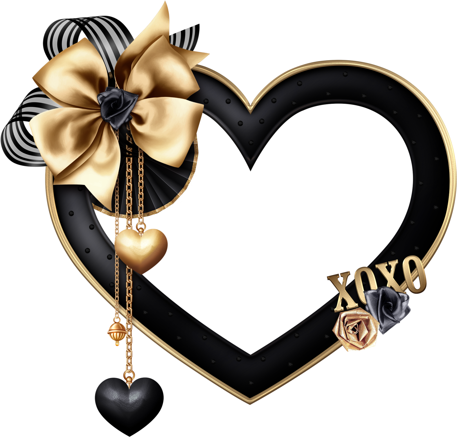 A Heart Shaped Frame With Gold And Black Bows And Flowers