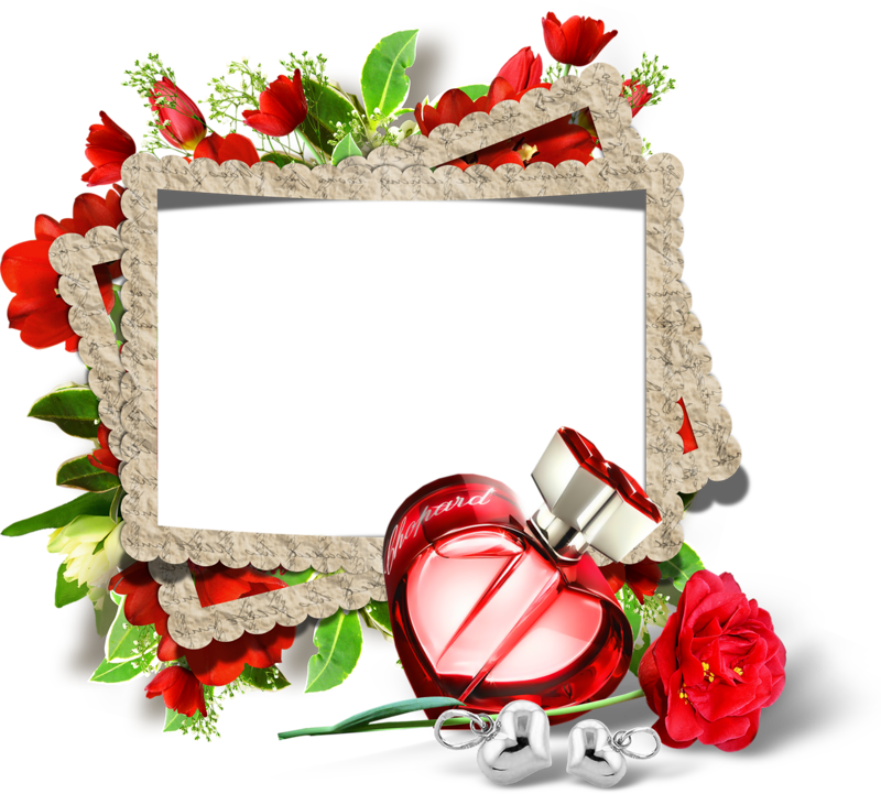 A Frame With Flowers And A Bottle Of Perfume