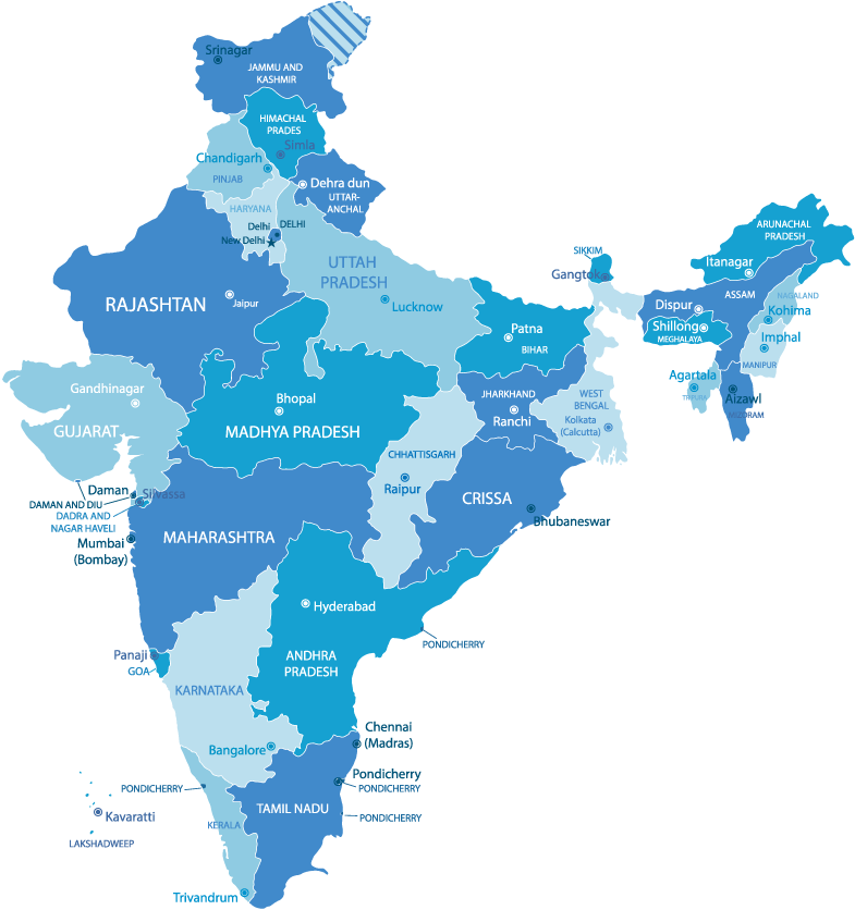 A Map Of India With Blue And White Text