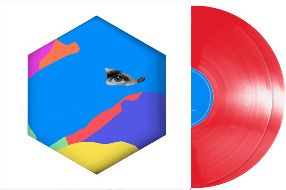 A Red And Blue Vinyl With A Red And Blue Hexagon With A Person's Face