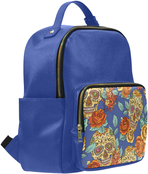 A Blue Backpack With A Floral Design