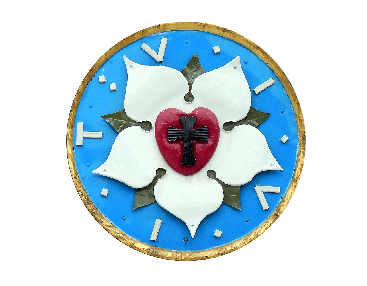 A Blue And Gold Circular Object With A Red Heart And A Black Cross In The Middle