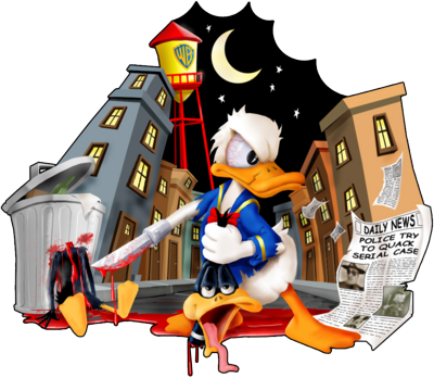 Cartoon Duck With A Knife And A Duckling In A City