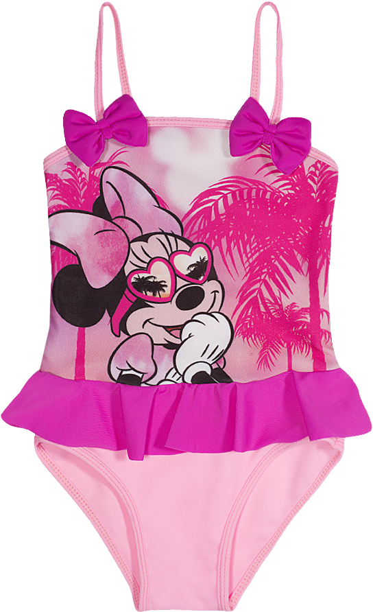 A Pink And Pink One Piece Swimsuit With A Cartoon Character