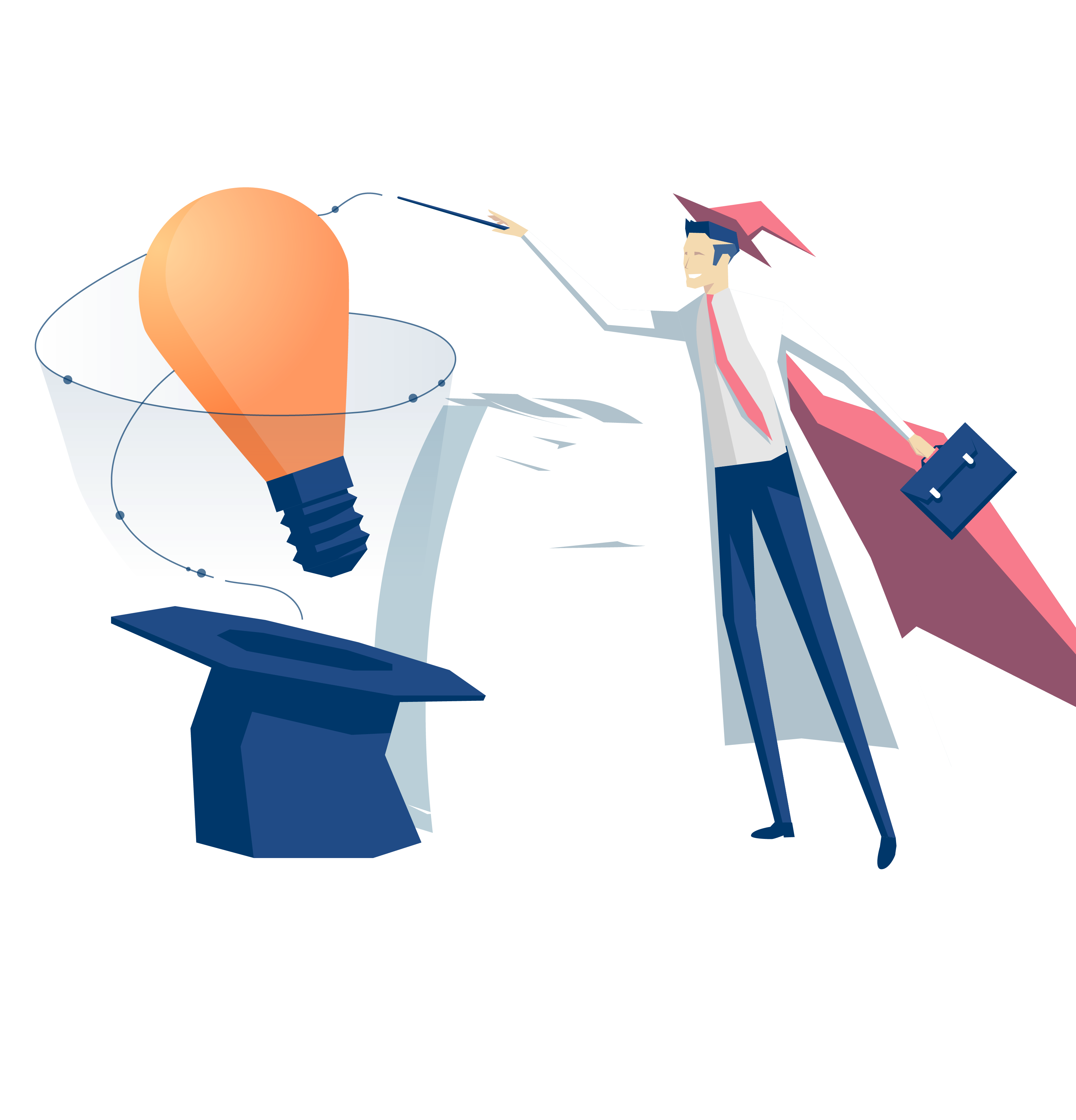 A Man In A Cape And Hat Pointing At A Light Bulb