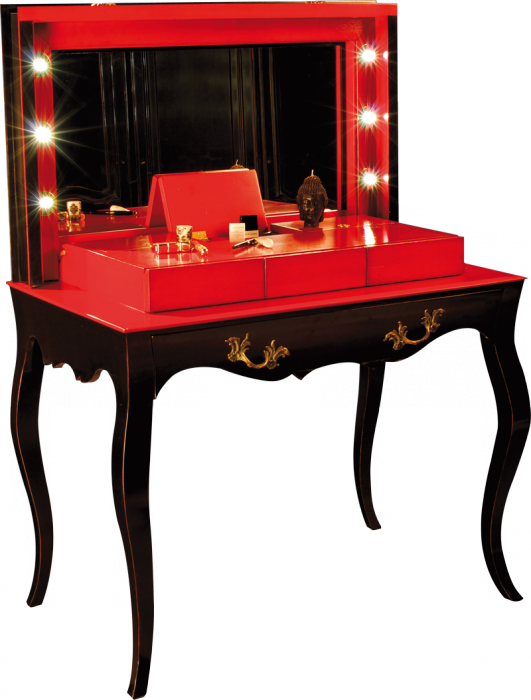A Red Vanity With Lights