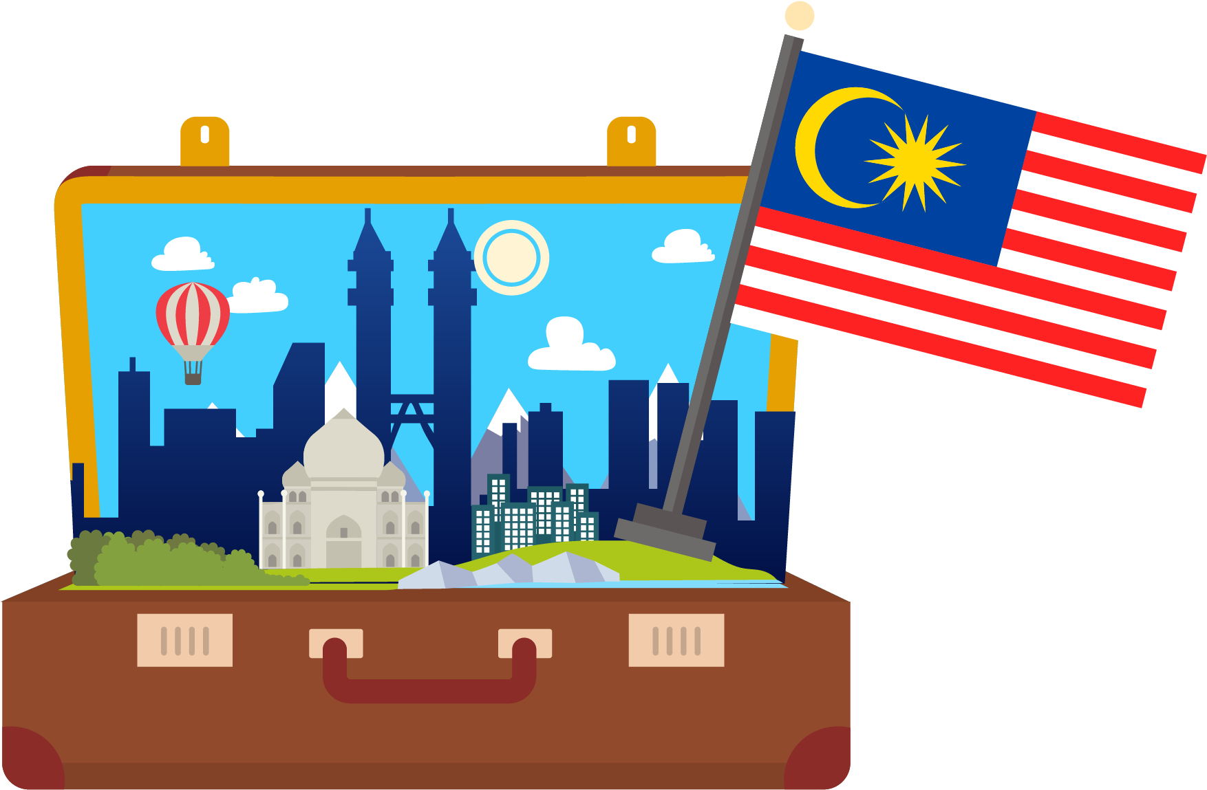A Suitcase With A Flag And A City