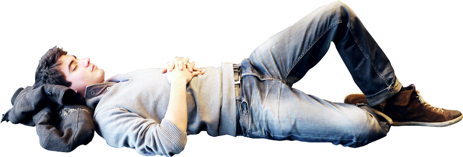 A Man Lying On His Back With His Hands On His Stomach