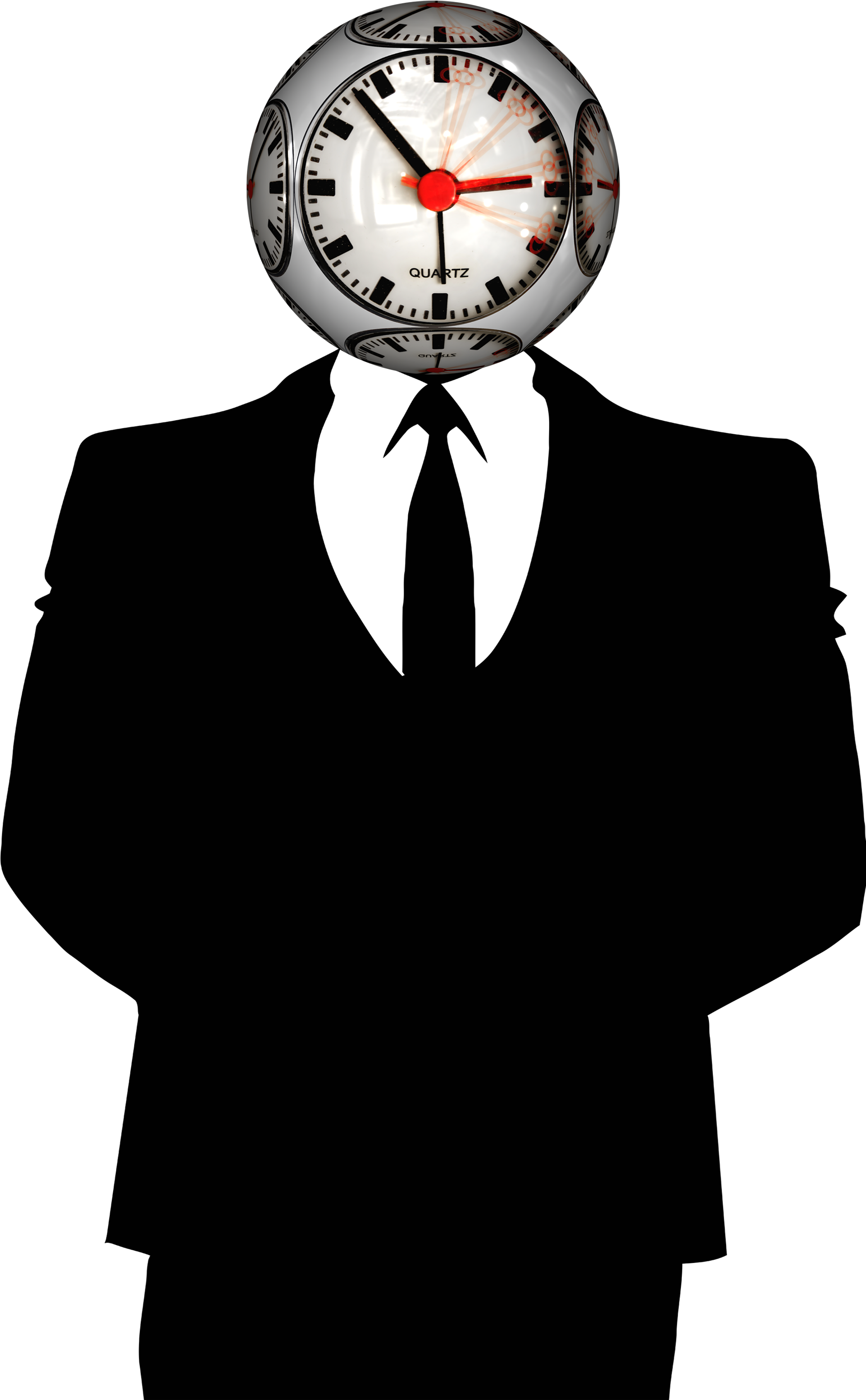 A Man In A Suit And Tie With A Clock On His Head
