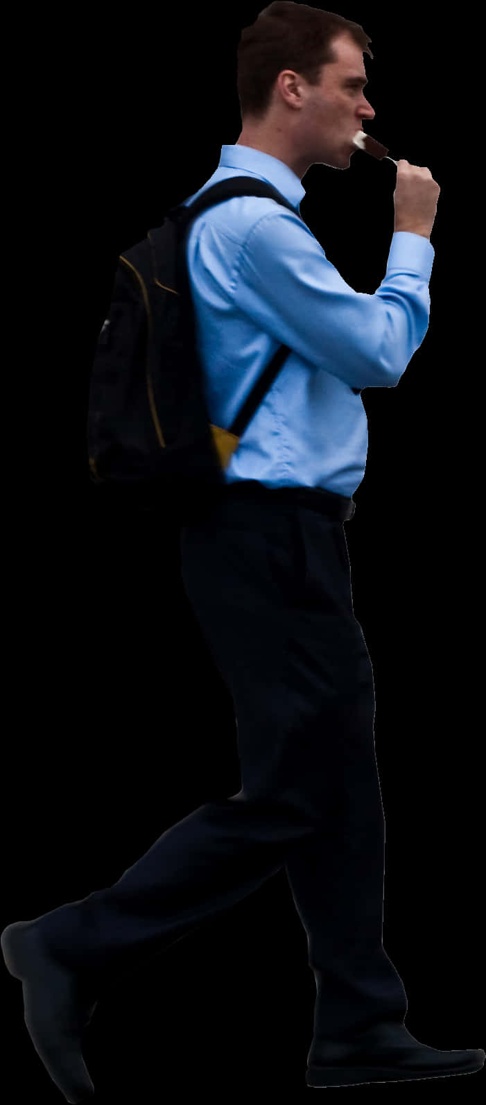 A Man In A Blue Shirt And Black Pants