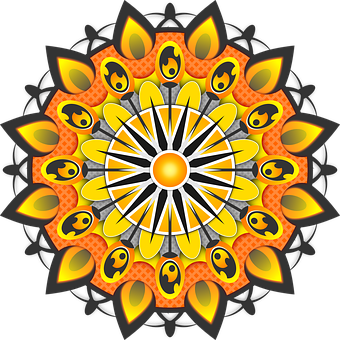A Circular Pattern With Flames And Flowers