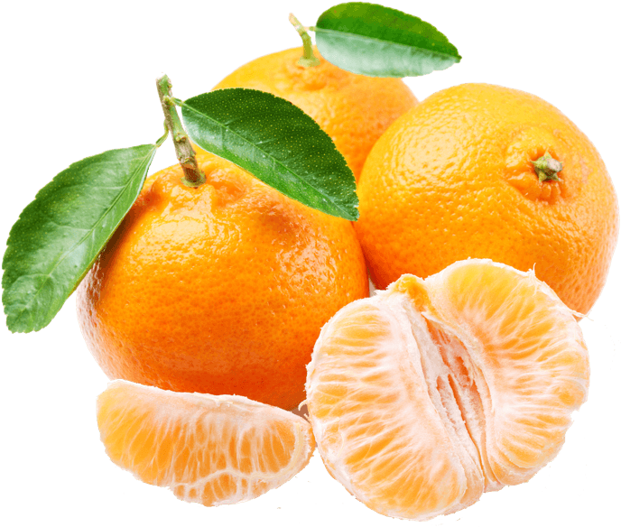 A Group Of Oranges With Leaves And A Cut Open Orange