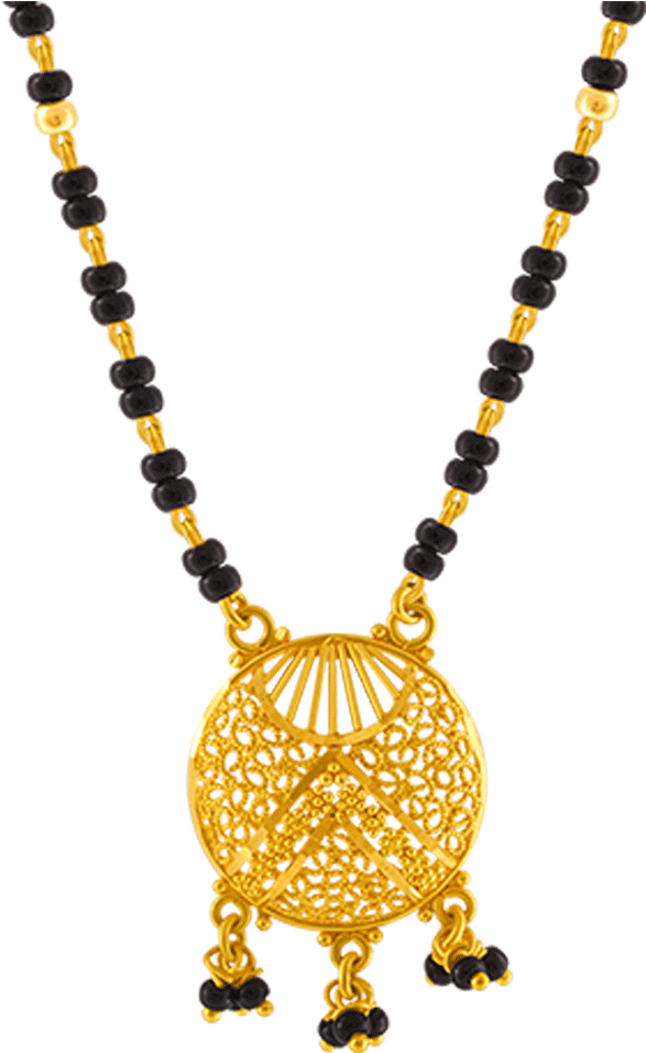 A Gold Necklace With A Round Pendant And Black Beads