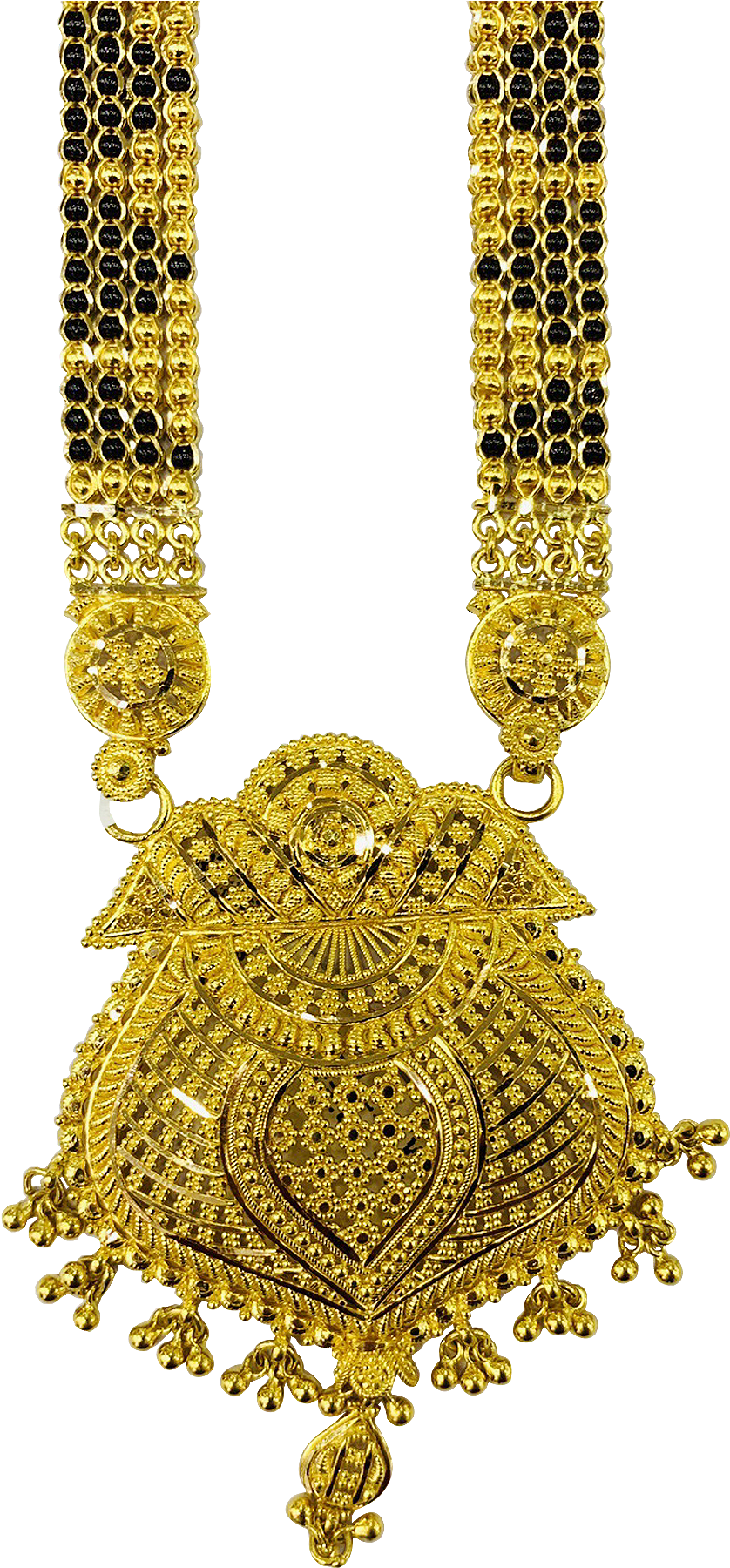 A Gold Necklace With Black And Gold Chains
