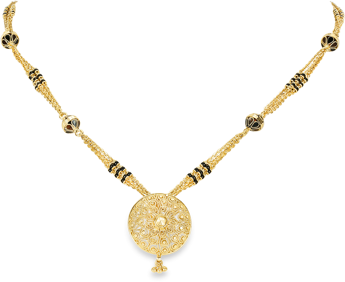 A Gold Necklace With A Round Pendant