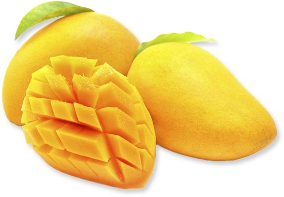 A Group Of Mangoes With A Cut Out Mango
