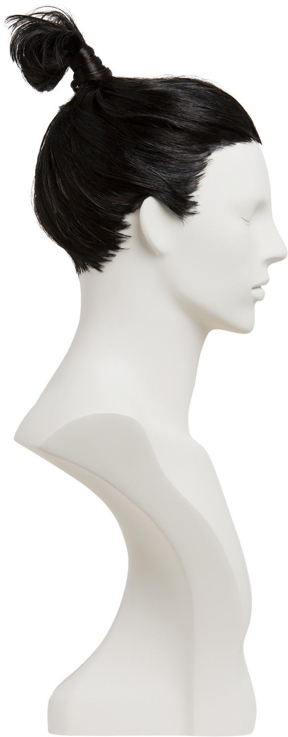A White Mannequin Head With Black Hair