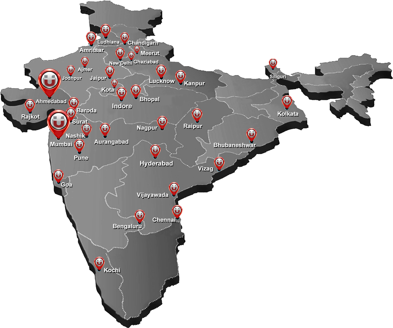 A Map Of India With Red Pins