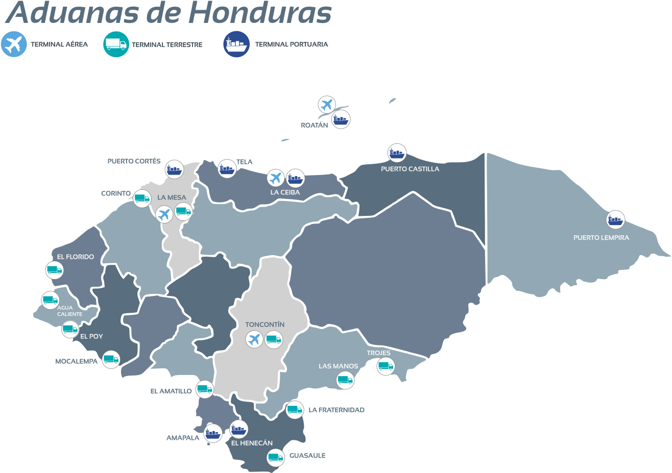 A Map Of Honduras With White And Blue Circles